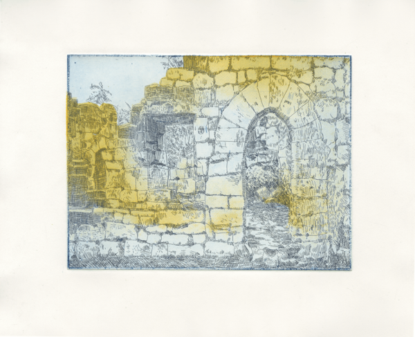 Gravure d'un château en ruines, léger dégradé jaune sur fond bleu