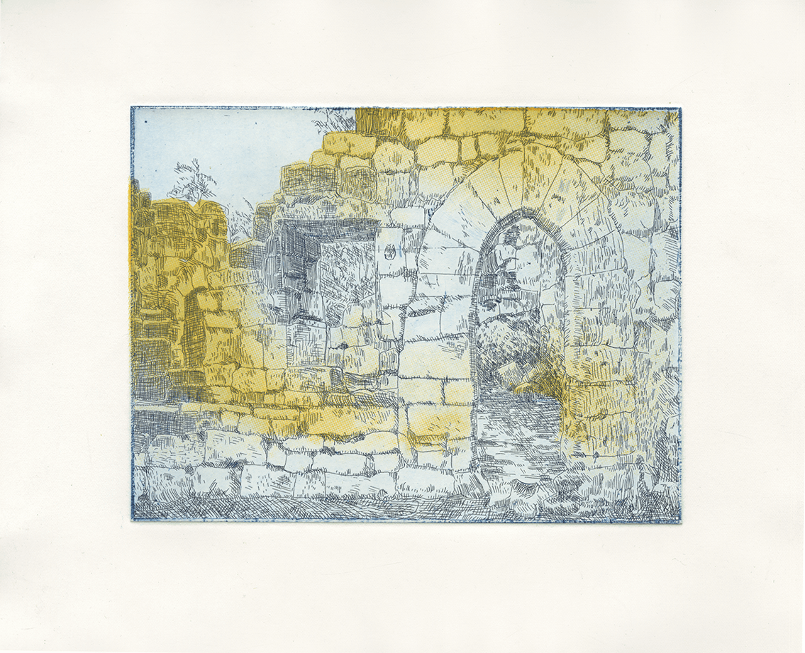 Gravure d'un château en ruines, léger dégradé jaune sur fond bleu
